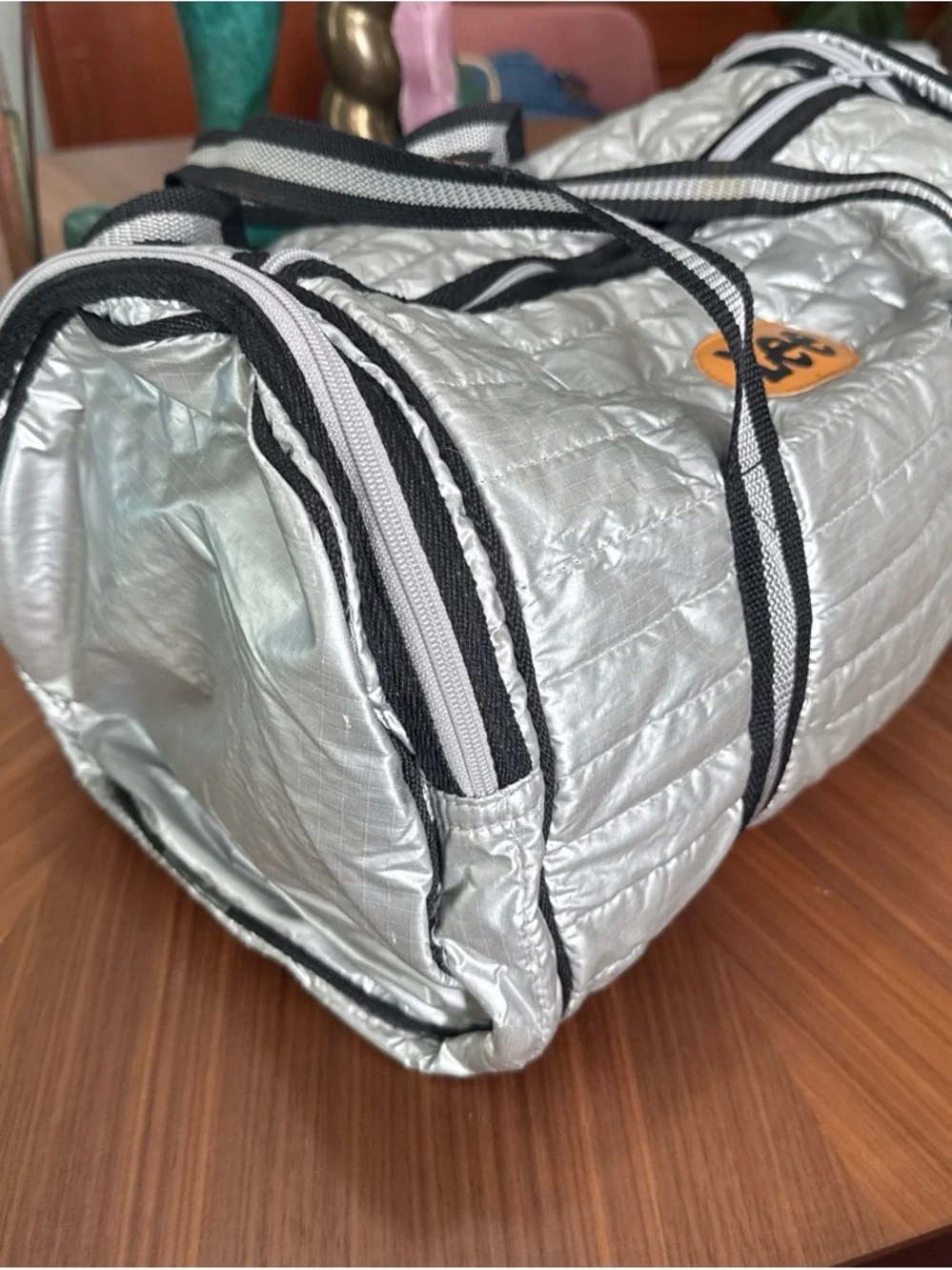 Vintage Lee Silver Quilted mini Weekend Duffle with Black-Trim Straps